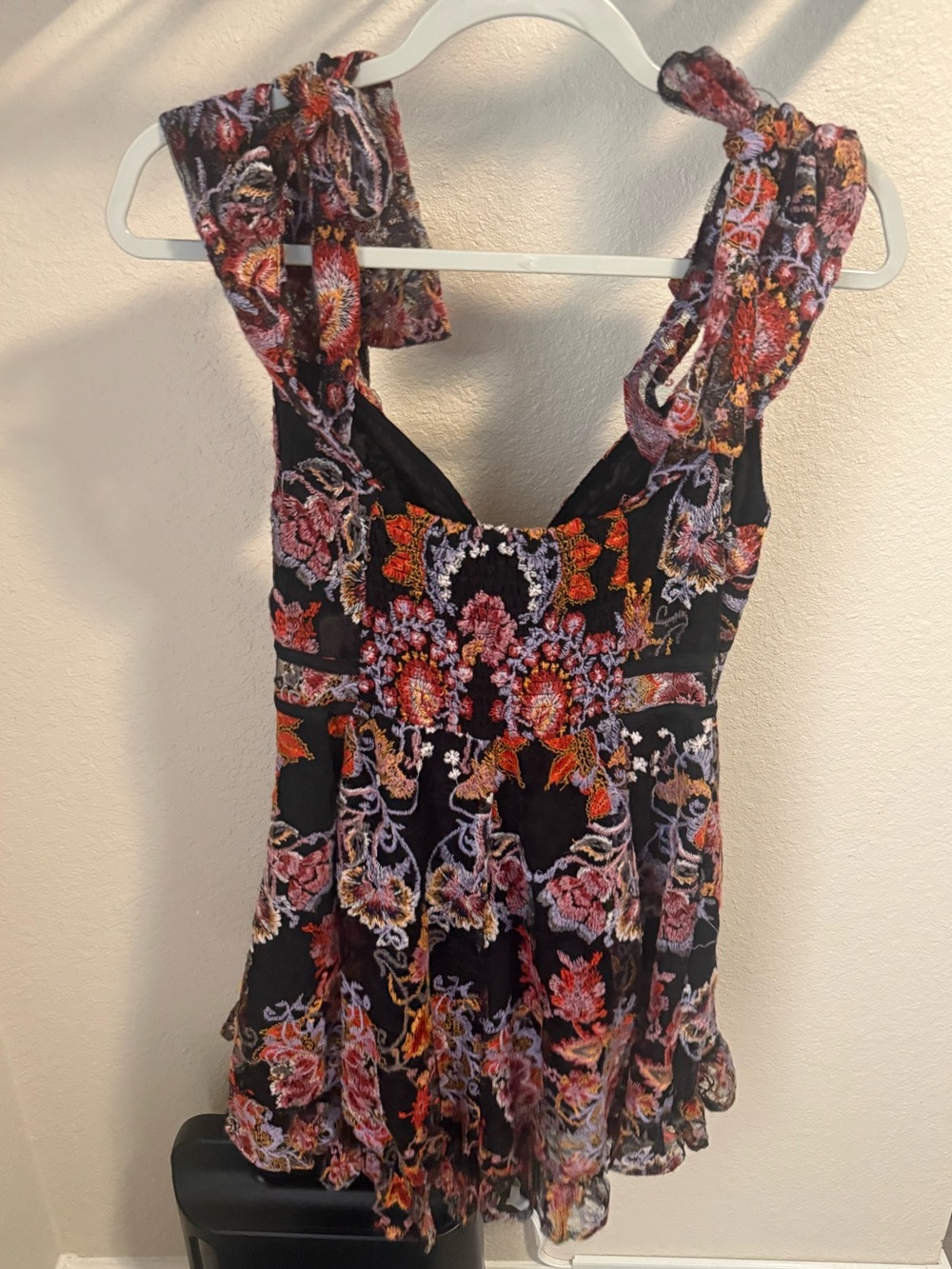 Free People NWT Embroidered Tie Strap Romper Black Pink Floral Cutout - Size Med - Picture 4 of 10